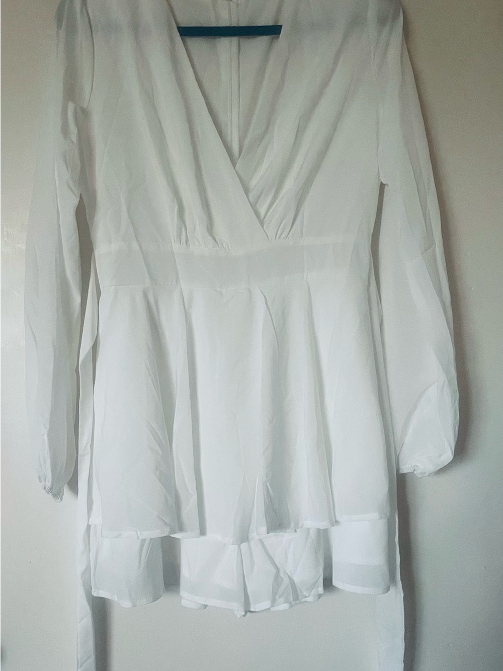 White Long-Sleeve V-Neck Jumpsuit